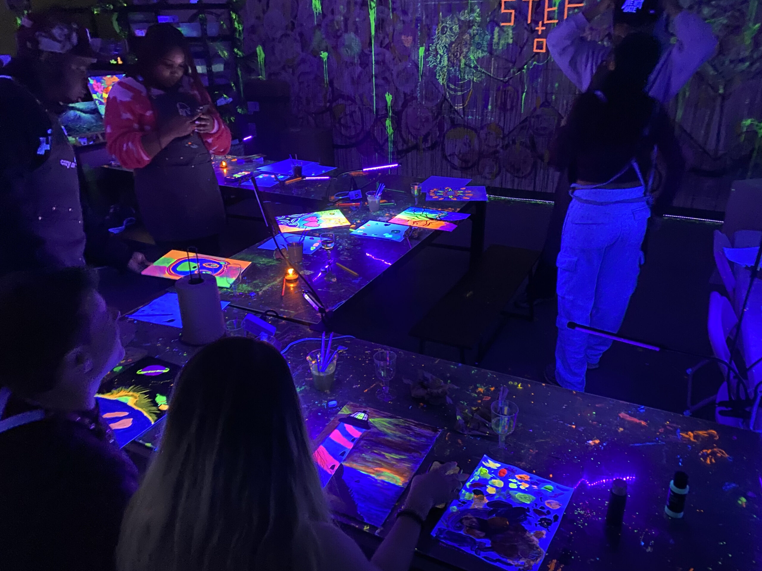 Group enjoying a glow paint and sip at Cozy Art Land