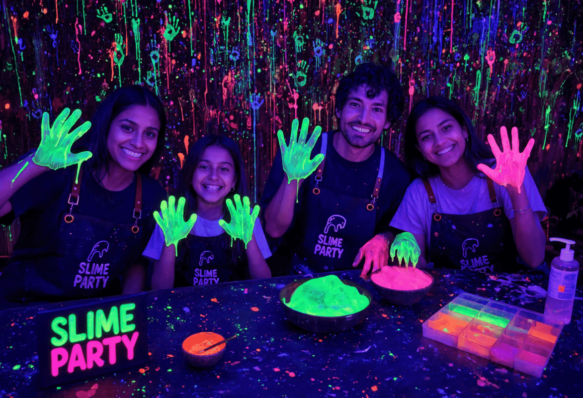 Kids enjoying a neon slime party with glowing slime and vibrant background.