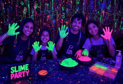 Kids enjoying a neon slime party with glowing slime and vibrant background.