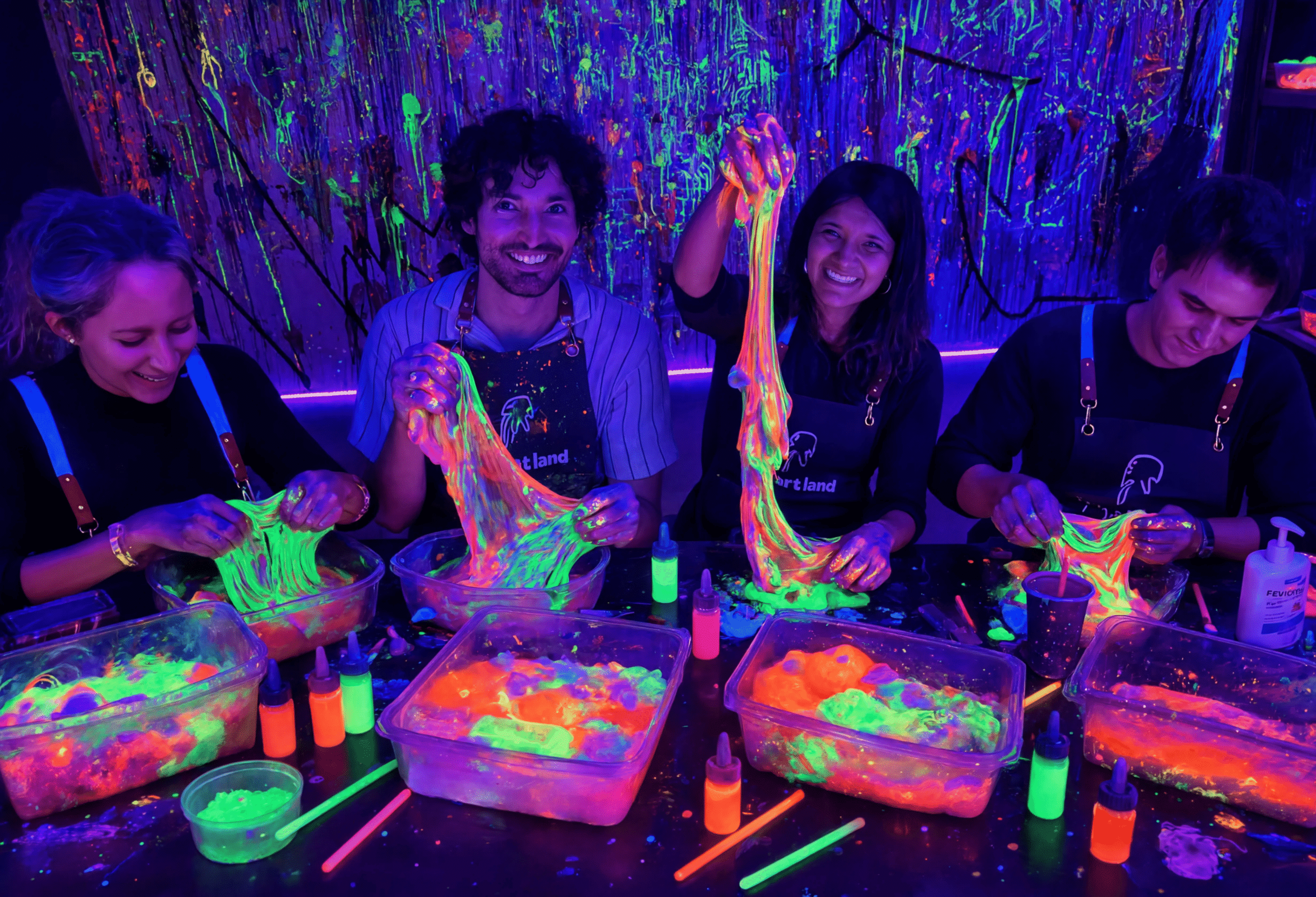 Group of kids at a hands-on slime party in a Long Island City studio
