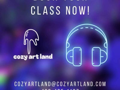 Book your art class now at Cozy Art Land with contact info and neon headphone graphic.