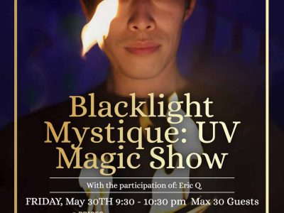 Blacklight Mystique UV Magic Show poster with performer and event details.
